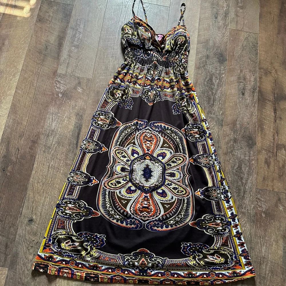 Women's SHESWOL Maxi Dress L Brown Orange Paisley Y2K - Picture 2 of 13